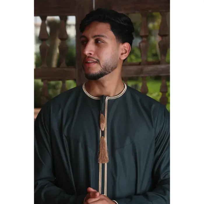 TT-003 - Men's Green Emirati Thobe Gold Tassel Embroidery - Image 2