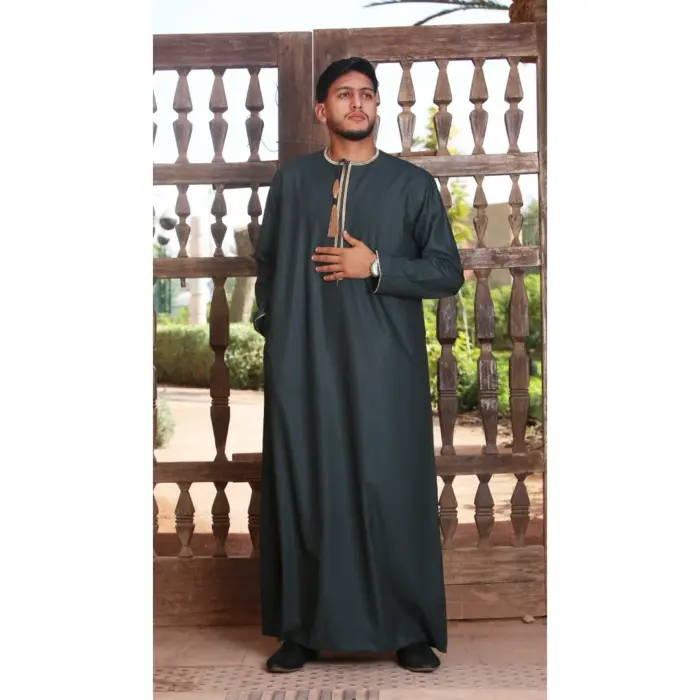 TT-003 - Men's Green Emirati Thobe Gold Tassel Embroidery - Image 1