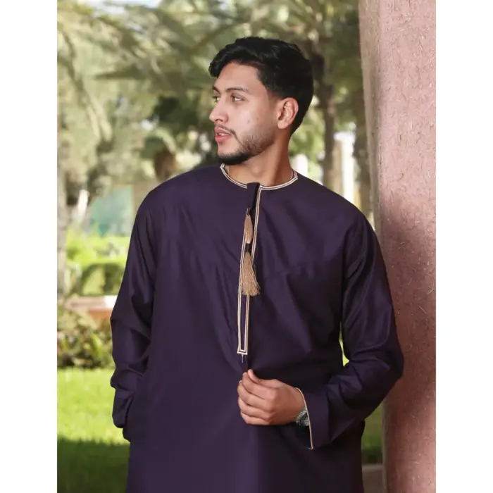 TT-003 - Men's Purple Emirati Thobe Gold Tassel Embroidery - Image 2