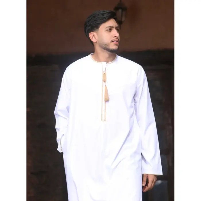 TT-003 - Men's White Emirati Thobe Gold Tassel Embroidery - Image 2