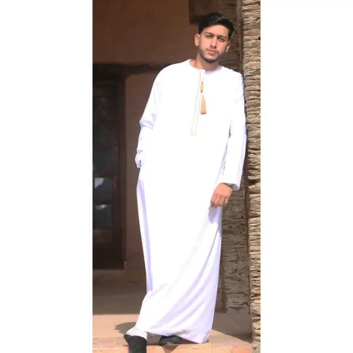 TT-003 - Men's White Emirati Thobe Gold Tassel Embroidery - Image 1