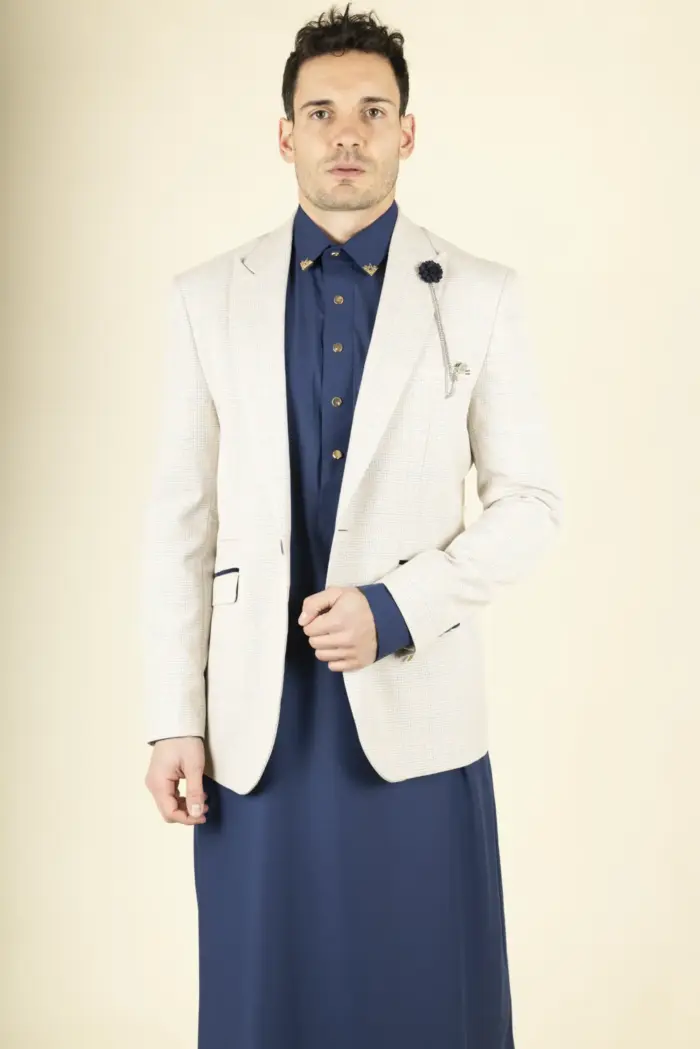 Cavani Caridi - Men's Tweed Check Beige Wedding Blazer - Image 1