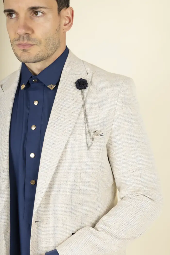 Cavani Caridi - Men's Tweed Check Beige Wedding Blazer - Image 5