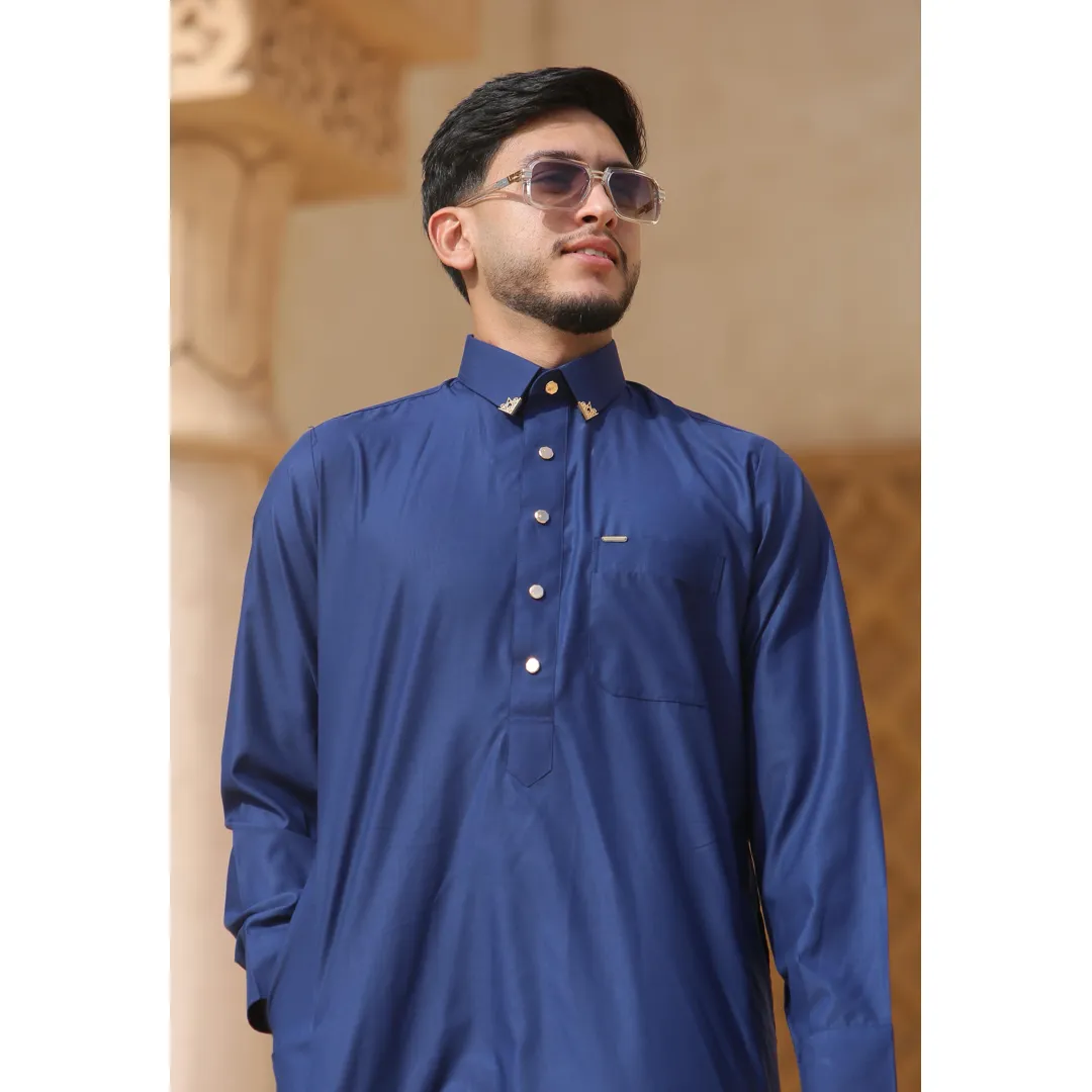 Thobez TT-004 - Men's Navy Saudi Emirati Thobe Shirt Collar-3 TT-004 - Men's Navy Saudi Emirati Thobe Shirt Collar - Image 2
