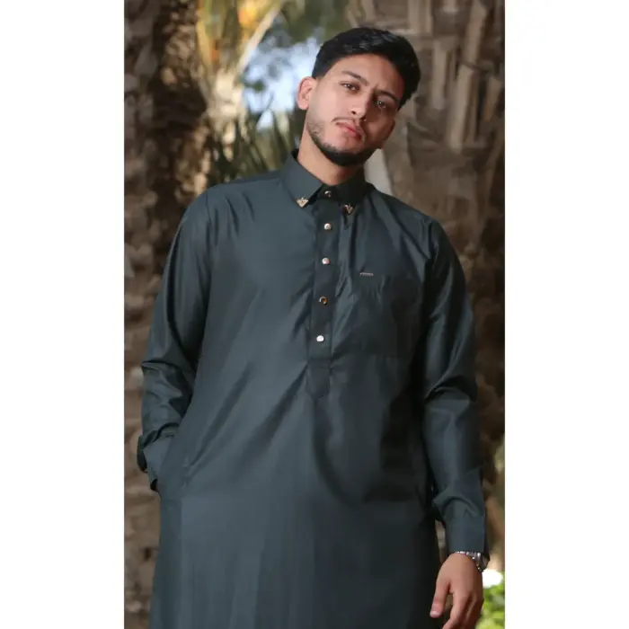 TT-004 - Men's Olive Saudi Emirati Thobe Shirt Collar - Image 2