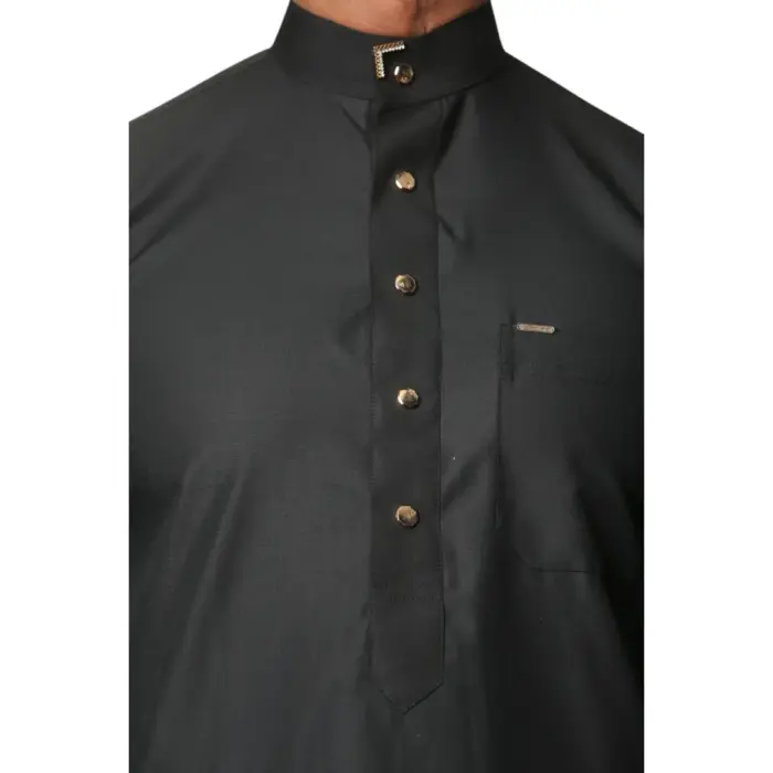 TT-005 - Men's Black Saudi Emirati Thobe Nehru High Collar - Image 3