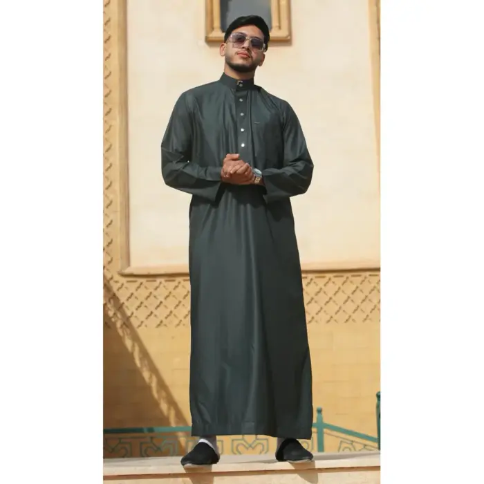 TT-005 - Men's Olive Saudi Emirati Thobe Nehru High Collar - Image 1