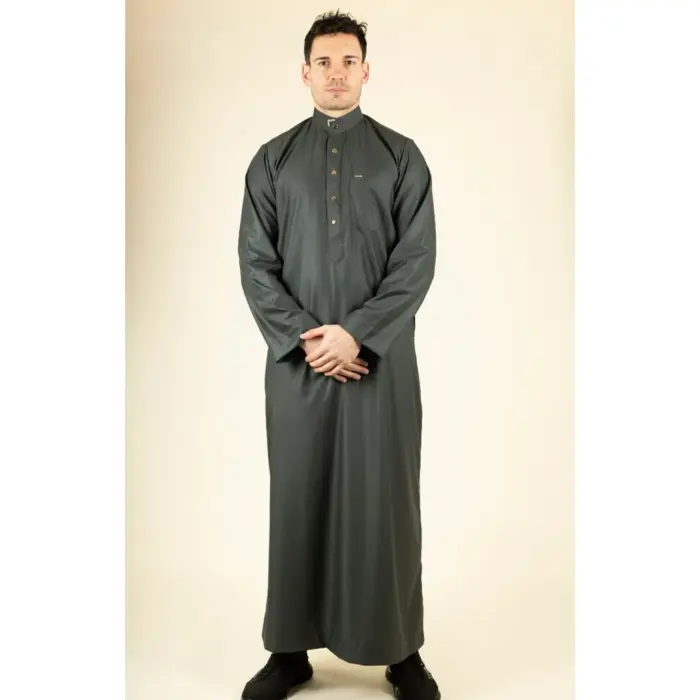 TT-005 - Men's Olive Saudi Emirati Thobe Nehru High Collar - Image 4