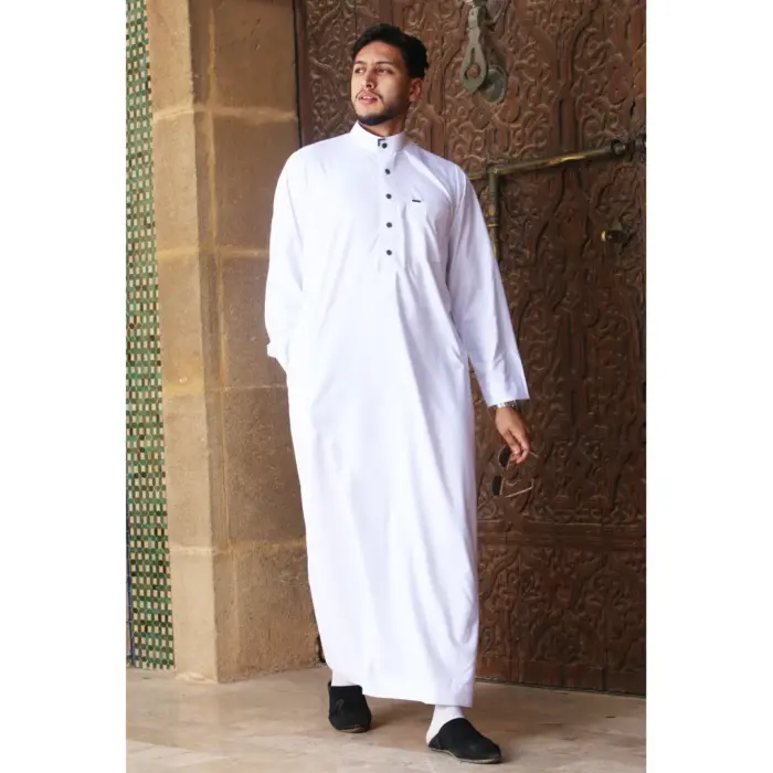 TT-005 - Men's White Saudi Emirati Thobe Nehru High Collar - Image 1