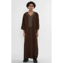 HM67 Brown Moroccan Boys Thobe Embroidered Kaftan