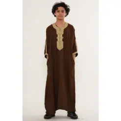 HM67 Brown Beige Moroccan Boys Thobe Embroidered Kaftan
