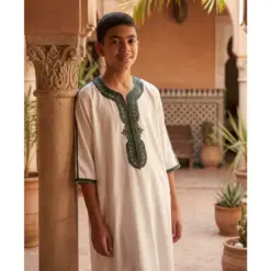 Alternative view of GG-008 White Green Moroccan Boys Thobe Embroidered Kaftan