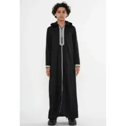 HM30 Black Silver Moroccan Boys Hooded Embroidered Thobe