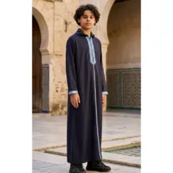 Alternative view of HM32 Navy Blue Moroccan Boys Hooded Embroidered Thobe