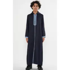 HM32 Navy Blue Moroccan Boys Hooded Embroidered Thobe
