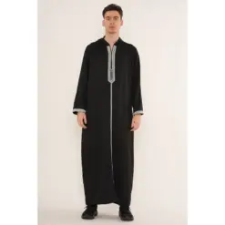 HM30 Black Moroccan Thobe Hooded Djellaba Gandoura Silver