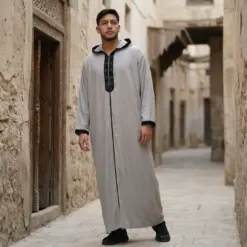 Alternative view of HM31 Grey Moroccan Thobe Hooded Djellaba Gandoura Black