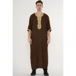 HM67 Brown Moroccan Thobe Half Sleeve Gandoura Beige Embroidery