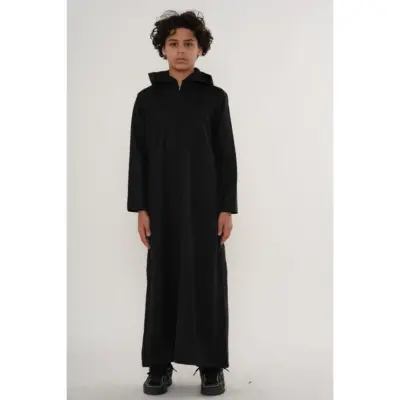 HM12 Black Boys Hooded Suede Thobe Zipped Jubba