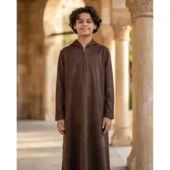 Alternative view of HM12 Brown Boys Hooded Suede Thobe Zipped Jubba