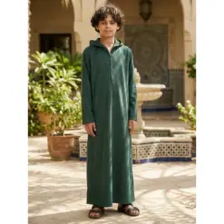 Alternative view of HM12 Green Boys Hooded Suede Thobe Zipped Jubba