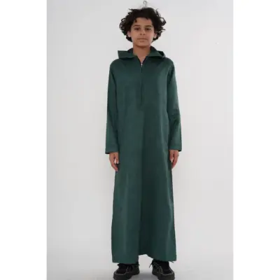 HM12 Green Boys Hooded Suede Thobe Zipped Jubba