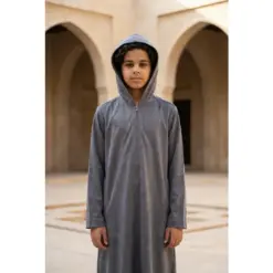 Alternative view of HM12 Grey Boys Hooded Suede Thobe Zipped Jubba