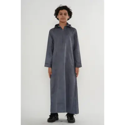 HM12 Grey Boys Hooded Suede Thobe Zipped Jubba