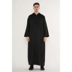 HM12 Black Hooded Suede Thobe Emirati Omani Zipped Jubba