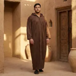 Alternative view of HM12 Brown Hooded Suede Thobe Emirati Omani Zipped Jubba