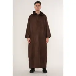 HM12 Brown Hooded Suede Thobe Emirati Omani Zipped Jubba