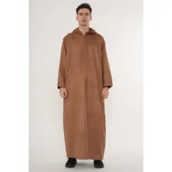 HM12 Camel Brown Hooded Suede Thobe Emirati Omani Zipped