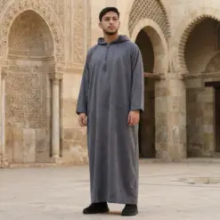 Alternative view of HM12 Grey Hooded Suede Thobe Emirati Omani Zipped Jubba