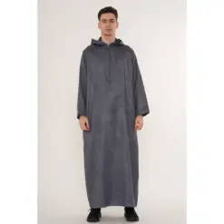 HM12 Grey Hooded Suede Thobe Emirati Omani Zipped Jubba