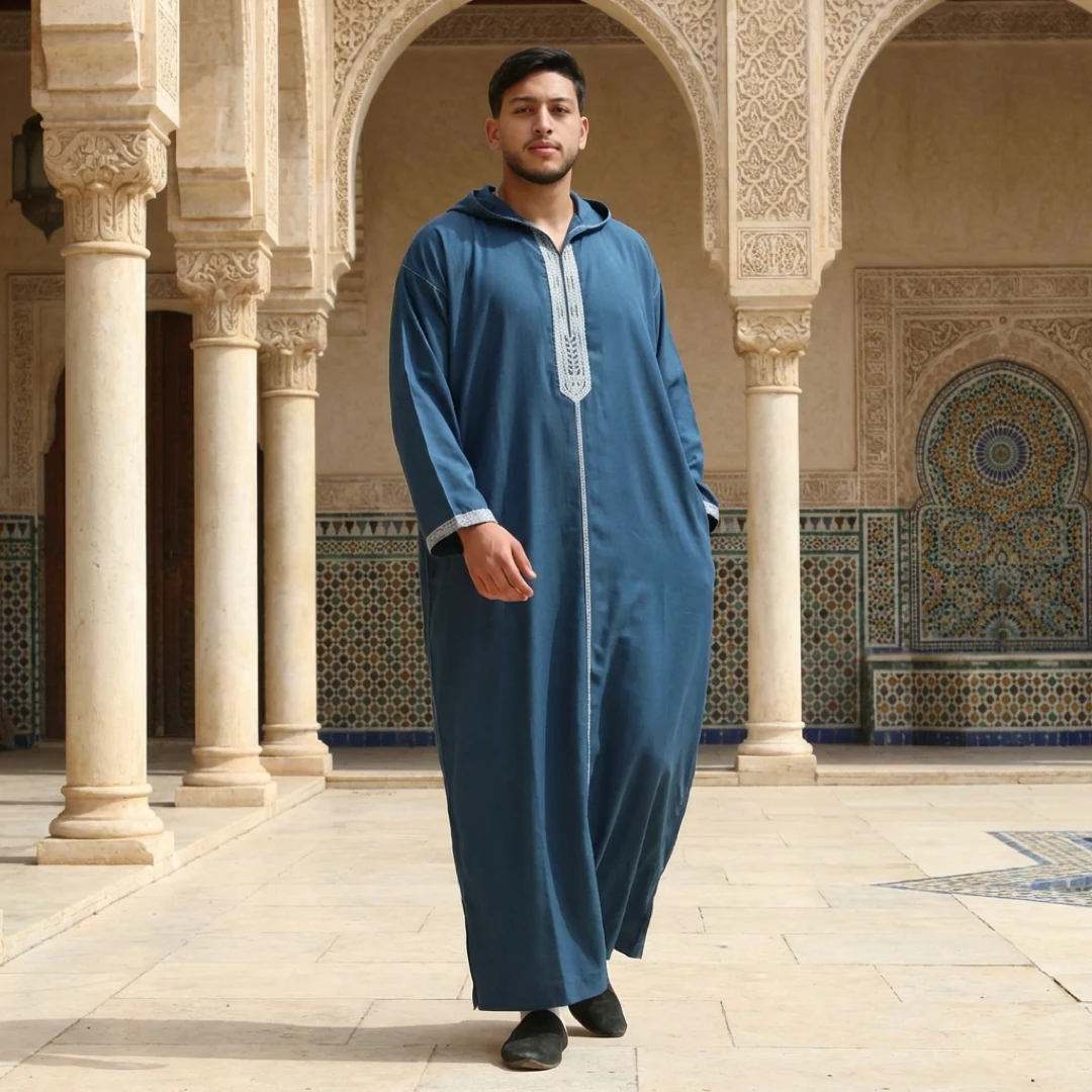 HM33 Blue Moroccan Thobe Hooded Djellaba Gandoura Embroidery - Image 2