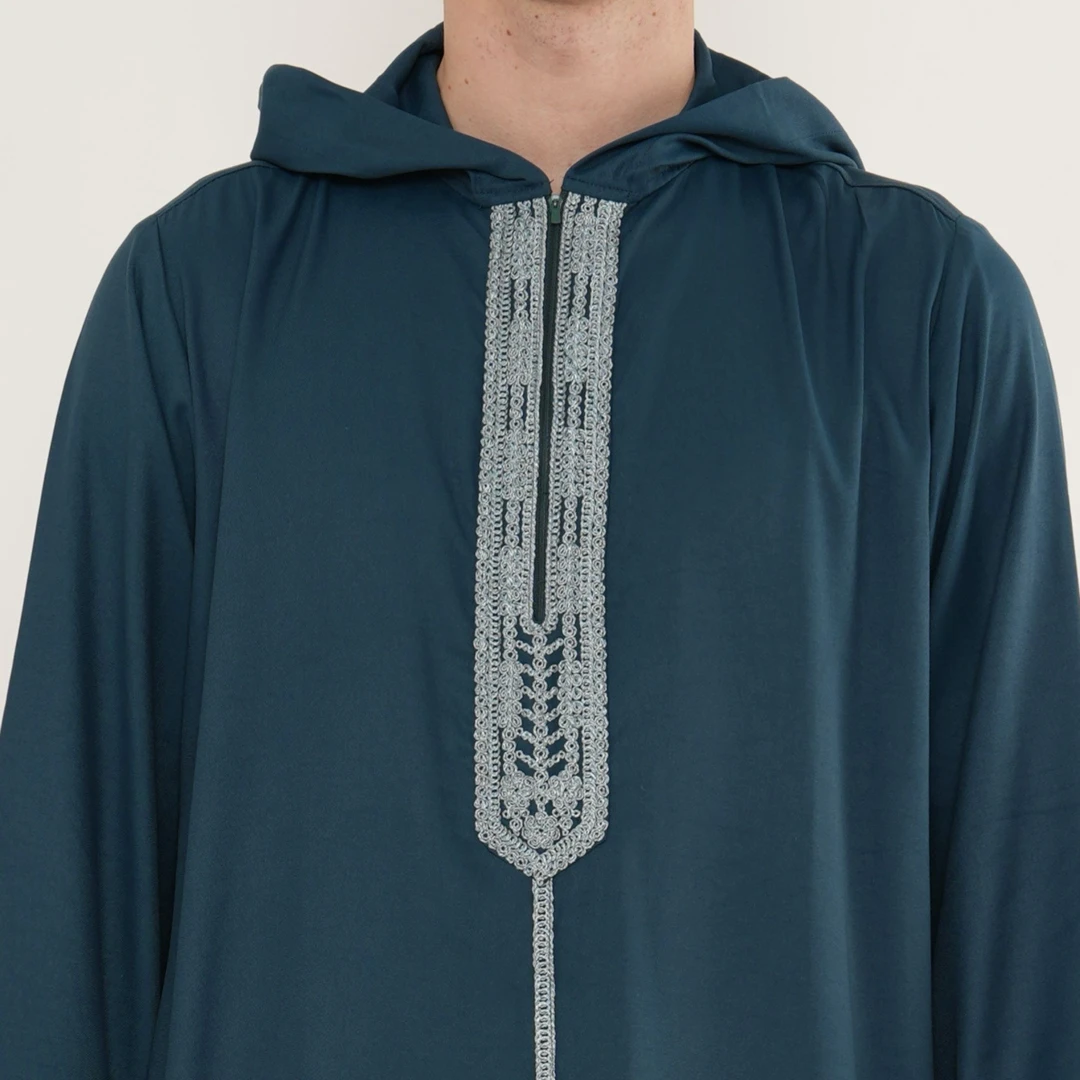 HM33 Blue Moroccan Thobe Hooded Djellaba Gandoura Embroidery - Image 3