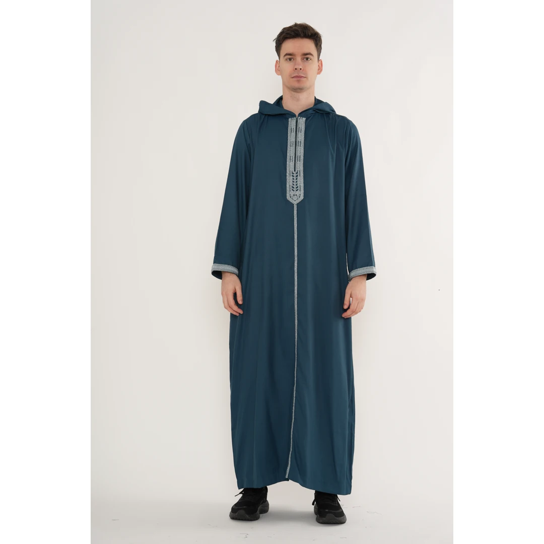 HM33 Blue Moroccan Thobe Hooded Djellaba Gandoura Embroidery