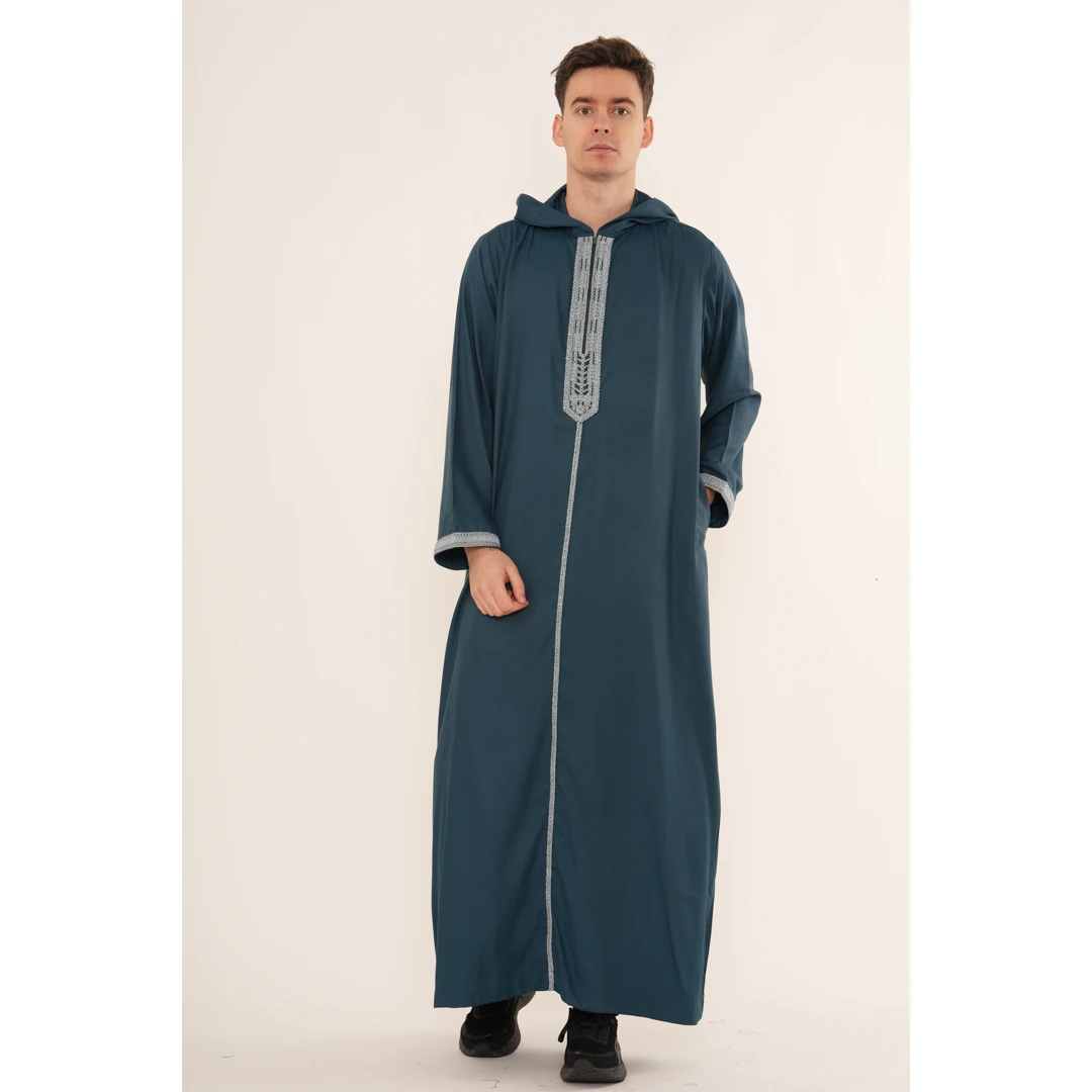 HM33 Blue Moroccan Thobe Hooded Djellaba Gandoura Embroidery - Image 4