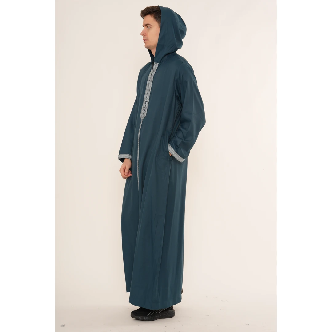 HM33 Blue Moroccan Thobe Hooded Djellaba Gandoura Embroidery - Image 5