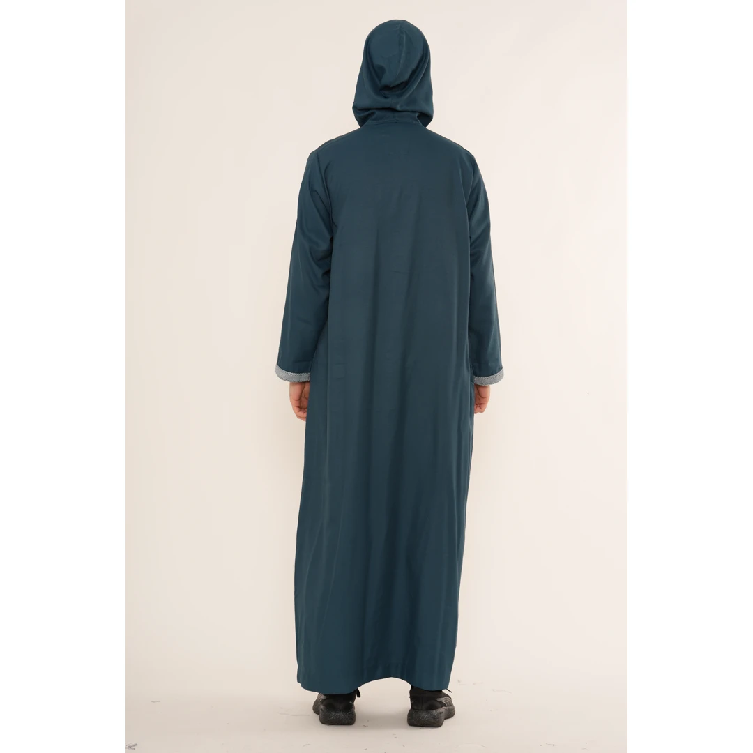 HM33 Blue Moroccan Thobe Hooded Djellaba Gandoura Embroidery - Image 6