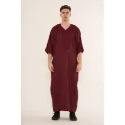 HM62 Wine Moroccan Thobe Half Sleeve Gandoura Embroidery