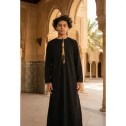 Alternative view of TT-003 Boy’s Black Emirati Thobe with Gold Tassel Embroidery