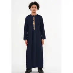TT-003 Boy’s Navy Emirati Thobe with Gold Tassel Embroidery