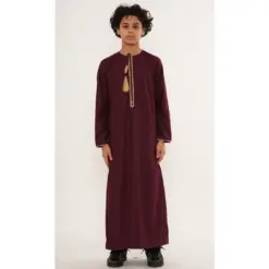 TT-003 Boy’s Wine Emirati Thobe with Gold Tassel Embroidery