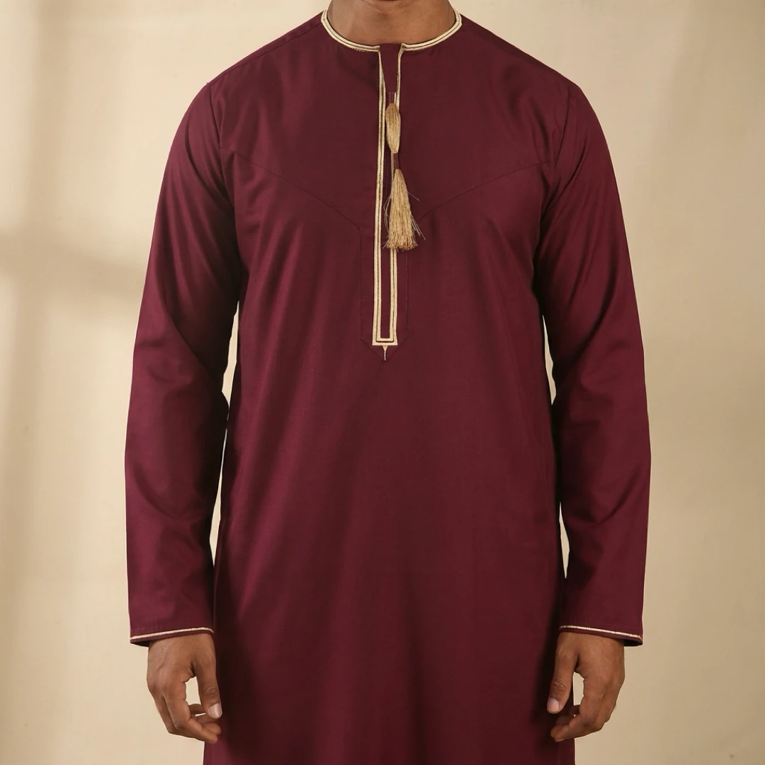 TT-003 Men’s Wine Emirati Thobe with Gold Embroidery - Image 3