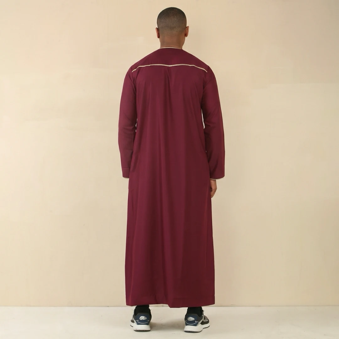 TT-003 Men’s Wine Emirati Thobe with Gold Embroidery - Image 6
