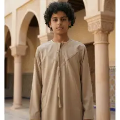 Alternative view of TT-007 Boy’s Beige Emirati Thobe with Gold Embroidery