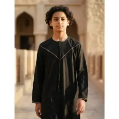 Alternative view of TT-007 Boy’s Black Emirati Thobe with Gold Embroidery
