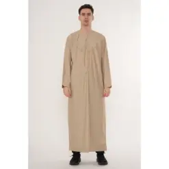 TT-007 Men’s Beige Emirati Thobe with Gold Embroidery